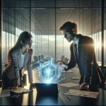 Ilustrasi pekerja kantor Indonesia yang berdiskusi tentang risiko dan manfaat Microsoft Copilot