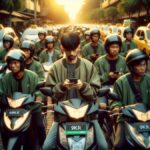 Ilustrasi penghasilan ojol dengan deretan driver ojek online di jalanan Jakarta