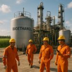 Fasilitas produksi etanol untuk BBM di Indonesia dengan latar kebun tebu hijau