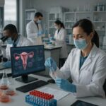 Ilustrasi laboratorium modern yang meneliti infeksi saluran reproduksi dengan teknologi mutakhir