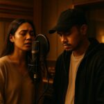 Mikha Tambayong dan Rayi Putra membawakan lagu Jalan Tengah di studio rekaman