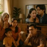 Keluarga Indonesia menonton sinetron Kisah Nyata Siang di ruang tamu