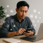ilustrasi digital decluttering untuk merapikan kekacauan digital di ponsel dan laptop