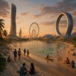 Ilustrasi futuristik kawasan Greater Sentosa dengan landmark dan pantai baru