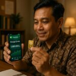 ilustrasi investor memantau harga emas Pegadaian di ponsel sambil memegang emas batangan